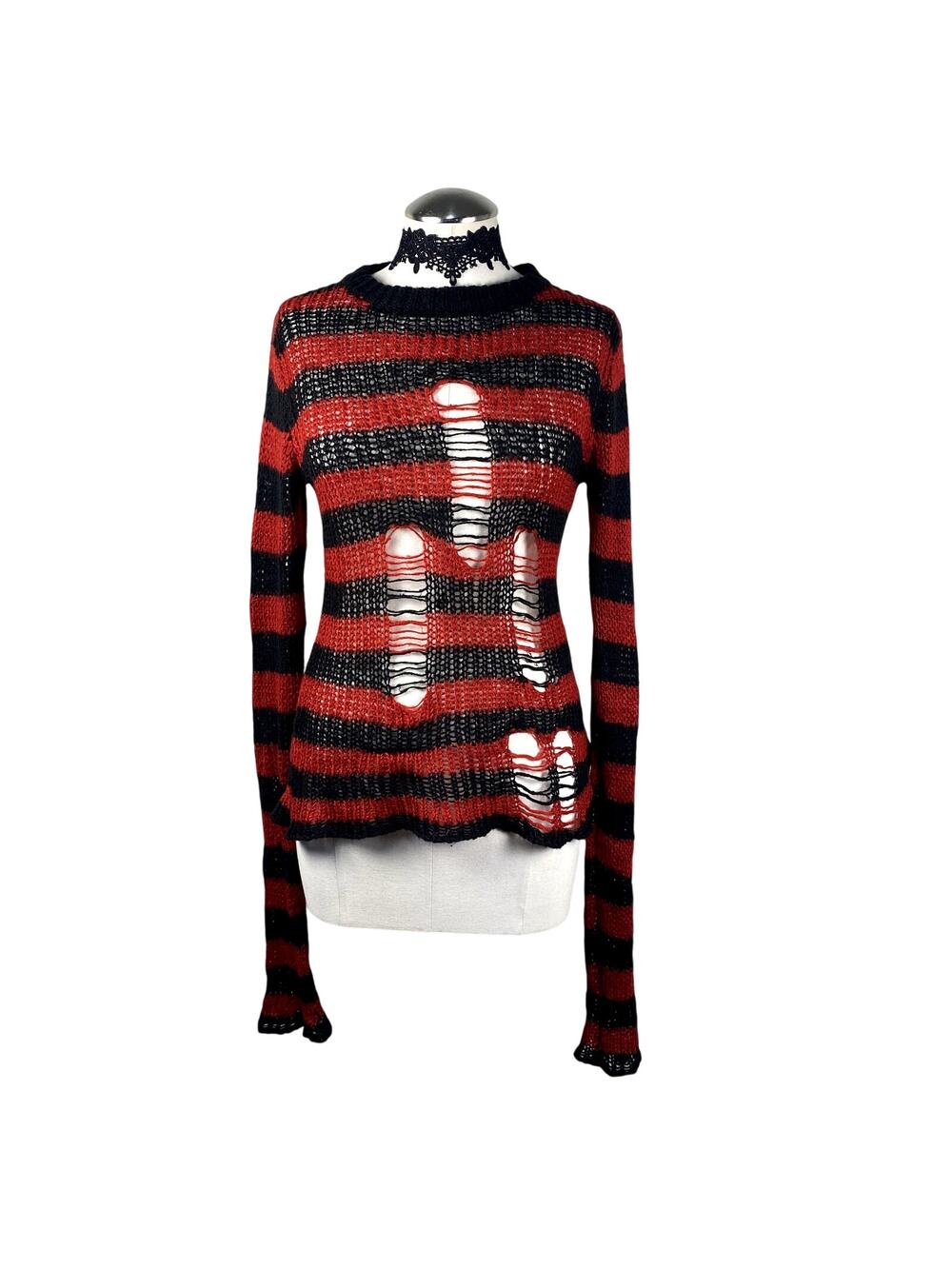 Tripp Distressed Red Black Stripe Emo Grunge Alt Goth Mallgoth Sweater Sz XS